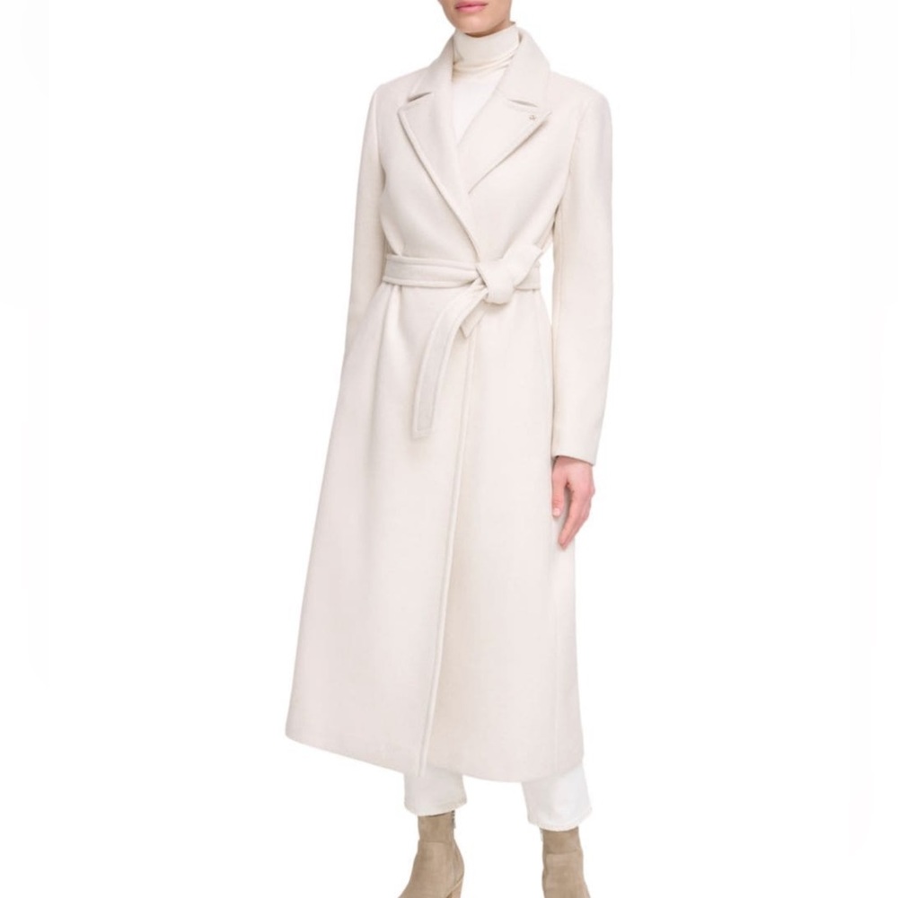 CALVIN KLEIN Faux Wool Belted Wrap Coat in Ivory
